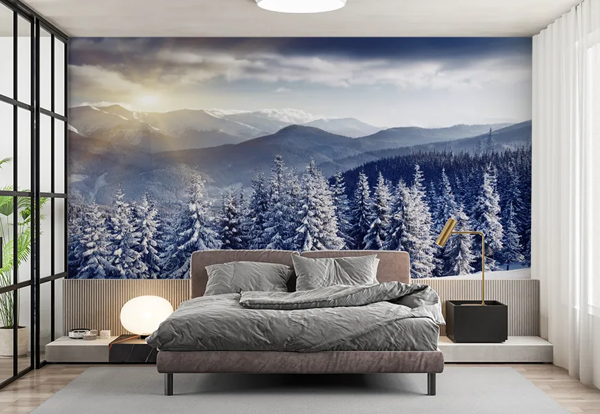 پوستر دیواری طبیعت زمستان اتاق خواب با طرح درختان پوشیده از برف
