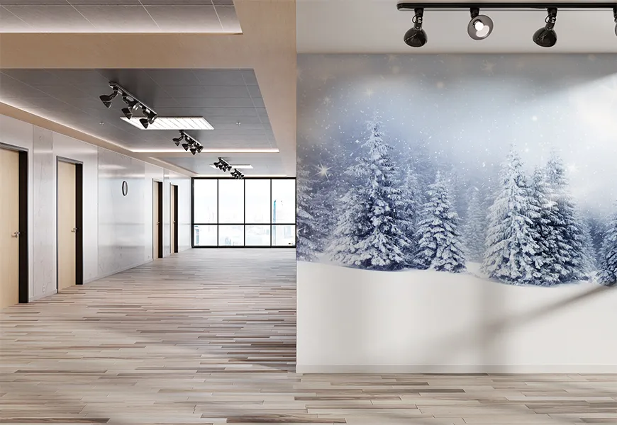 پوستر دیواری طبیعت زمستان با طرح درختان صنوبر برفی