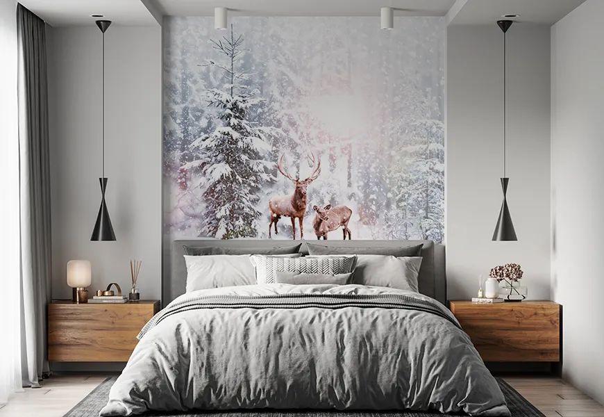 پوستر دیواری طبیعت زمستان اتاق خواب طرح آهو در جنگل برفی