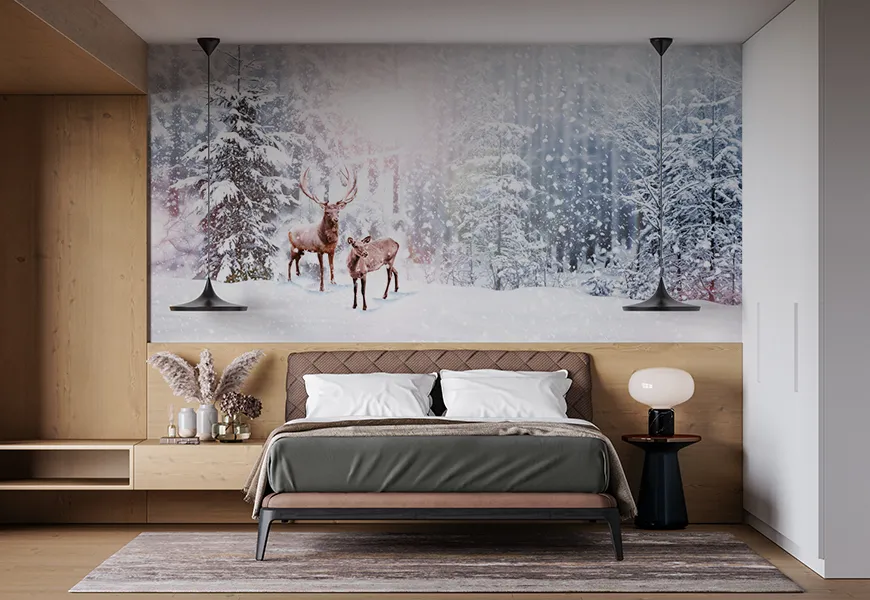 پوستر دیواری طبیعت زمستان طرح آهو در جنگل برفی