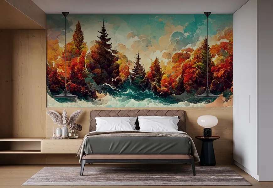 پوستر پاییز اتاق خواب طرح انتزاعی درخت و دریا