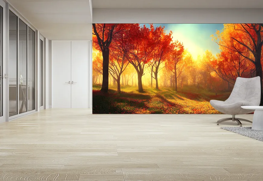 پوستر پاییز طرح چشم انداز جنگل با درختان نارنجی