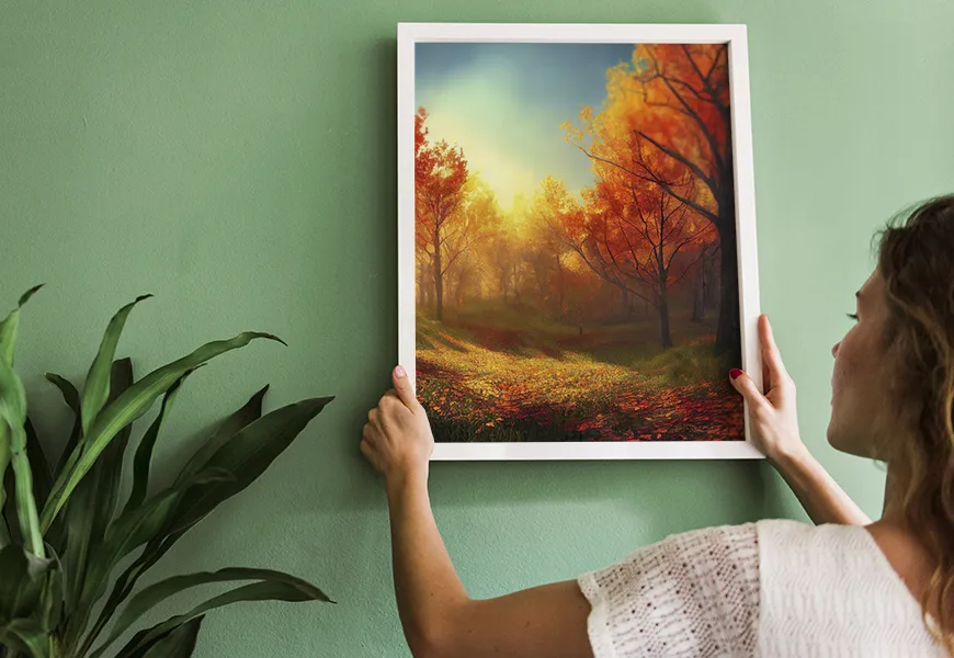 پوستر پاییز طرح چشم انداز جنگل با درختان نارنجی