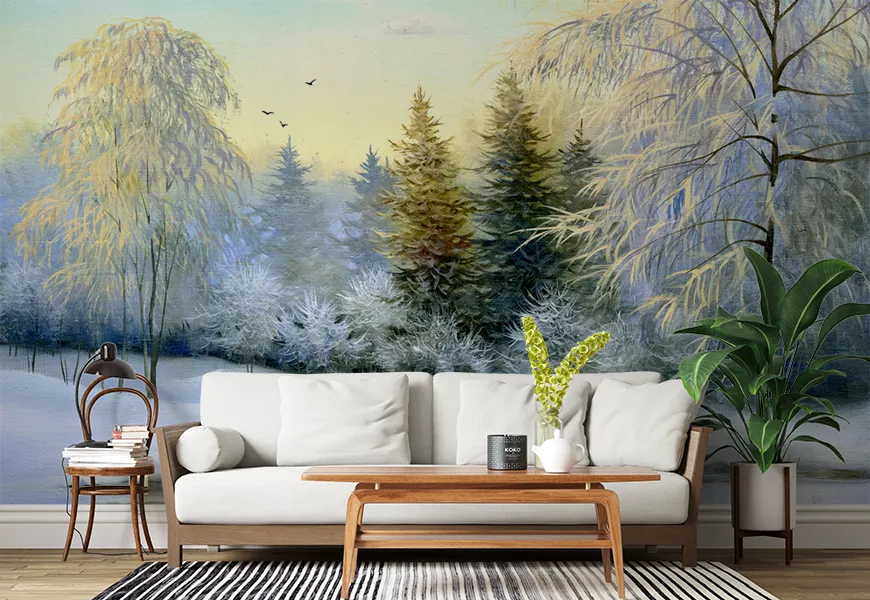 کاغذ دیواری رنگ و روغن زمستان طرح درختان پوشیده از برف