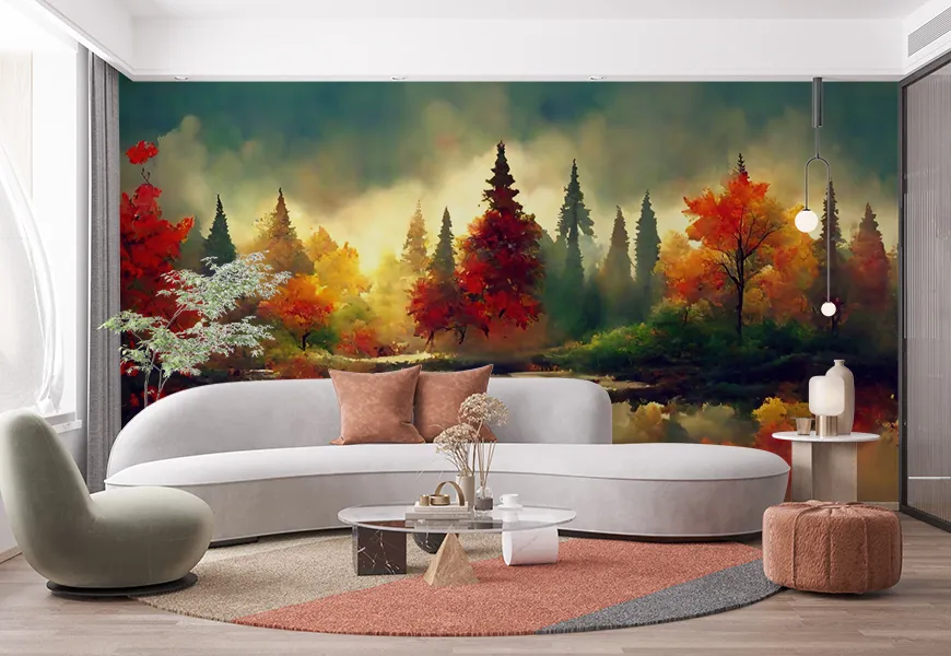 کاغذ دیواری آبرنگ طرح منظره پاییزی جنگل