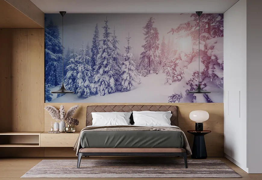 کاغذ دیواری زمستان اتاق خواب طرح طبیعت پوشیده از برف