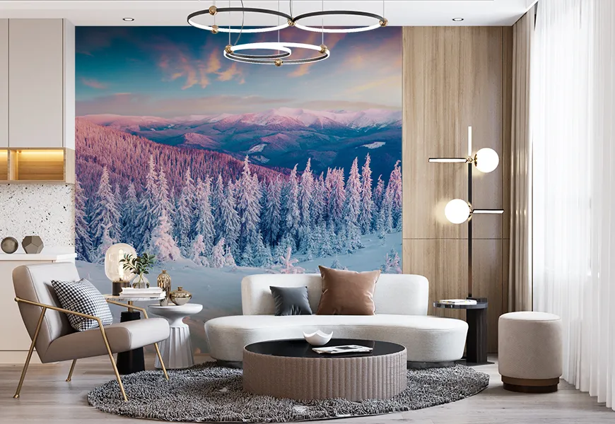 پوستر طبیعت زمستان طرح طلوع آفتاب در کوه های برفی کارپات