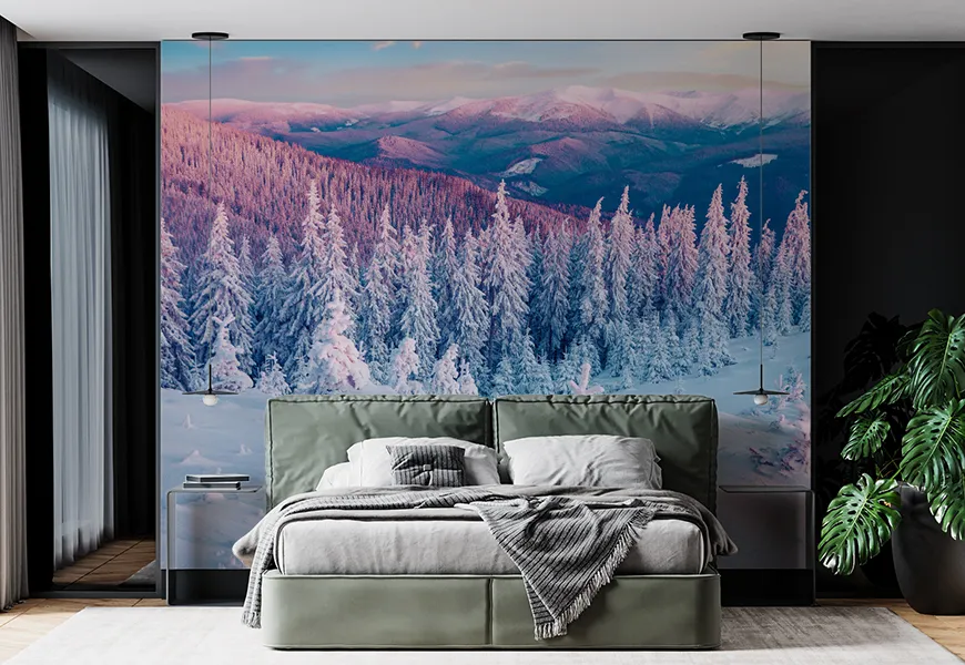 پوستر طبیعت زمستان طرح طلوع آفتاب در کوه های برفی کارپات