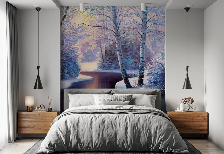 پوستر زمستان طرح منظره زمستانی رودخانه