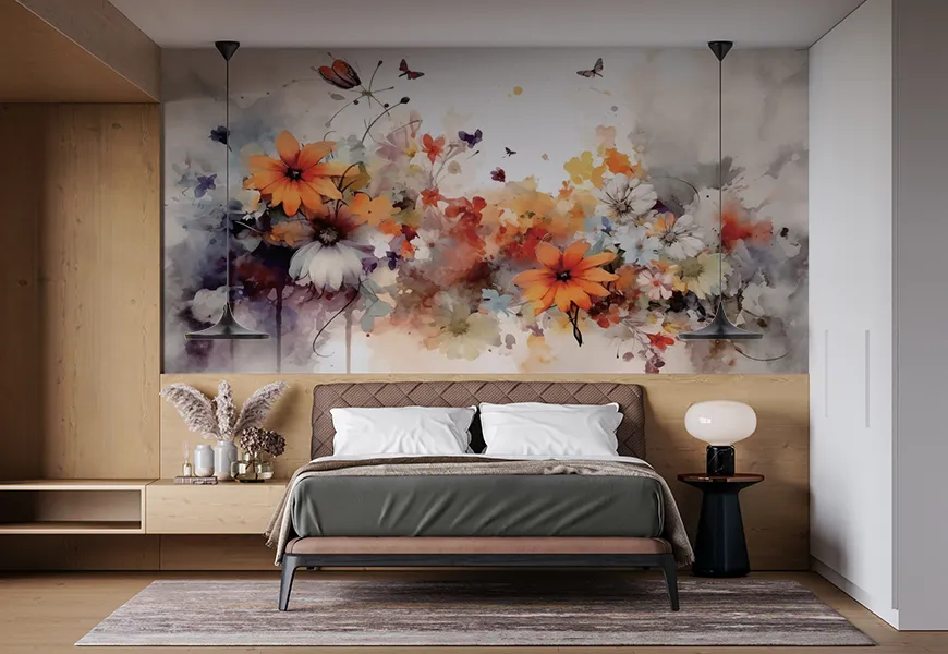 کاغذ دیواری آبرنگ پاییز اتاق خواب طرح گل