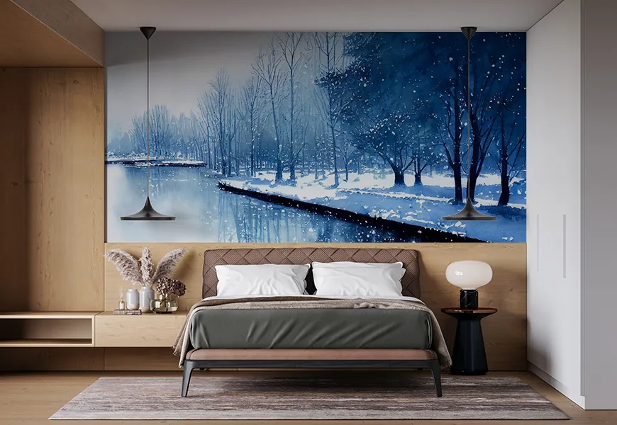 کاغذ دیواری نقاشی آبرنگ آبی، طرح زمستان درختان توس