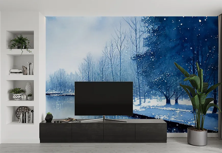 کاغذ دیواری نقاشی آبرنگ آبی، طرح زمستان درختان توس