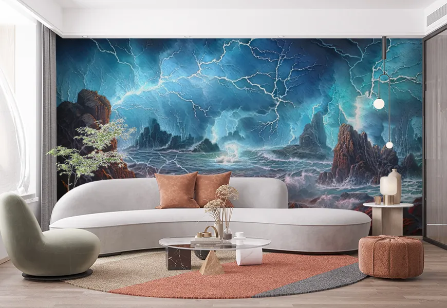 پوستر دیواری سه بعدی پذیرایی طرح اقیانوس طوفانی