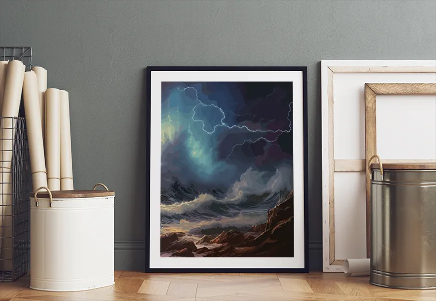 پوستر نقاشی آبرنگ طرح طوفان شدید دریای مواج