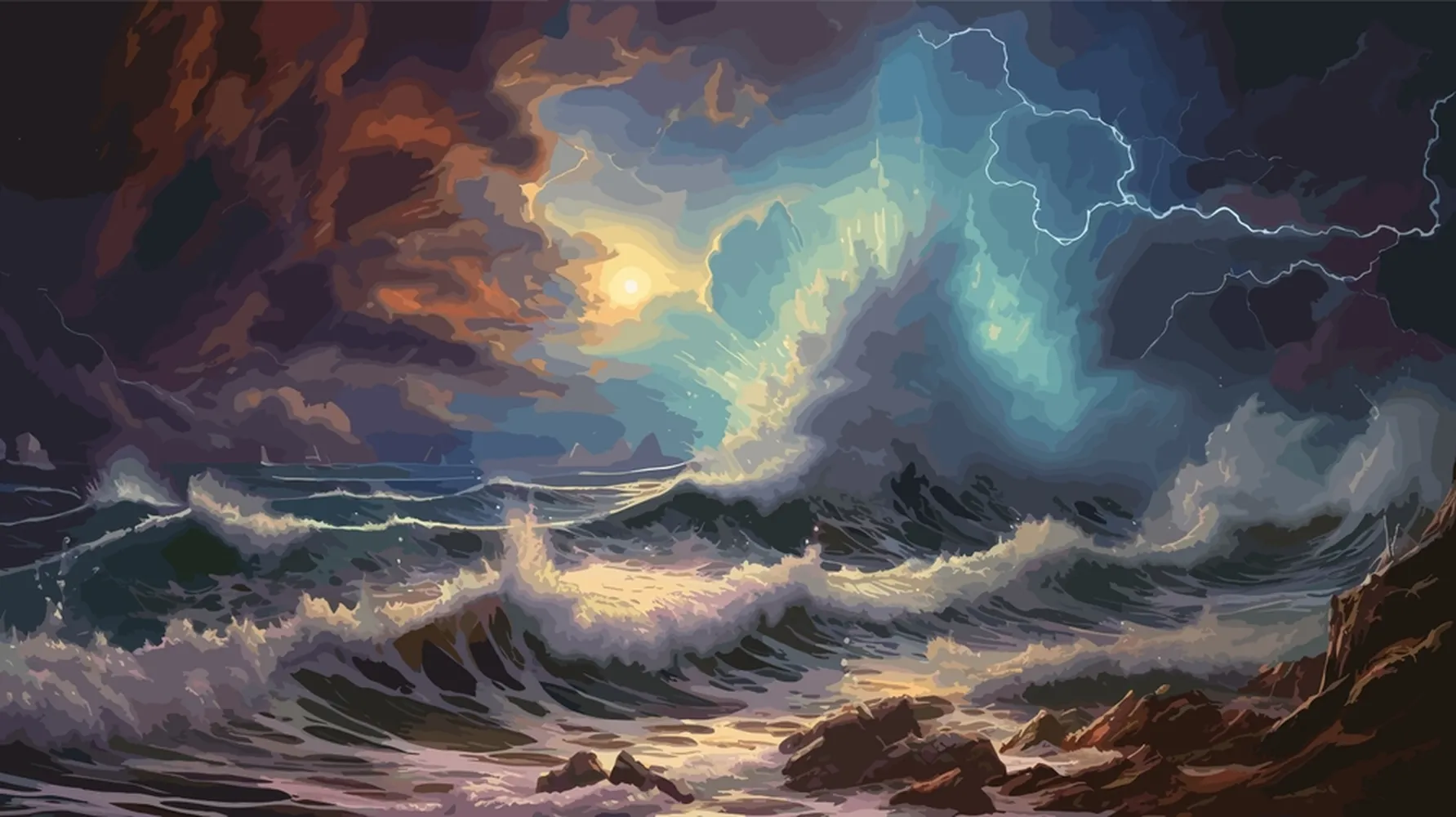 پوستر نقاشی آبرنگ طرح طوفان شدید دریای مواج