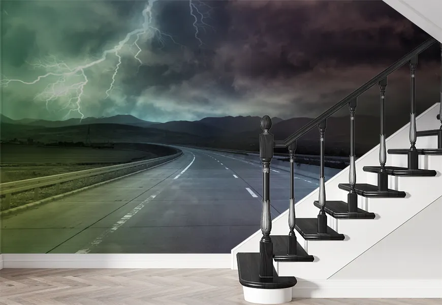 پوستر سه بعدی طرح رعد و برق طوفانی در جاده