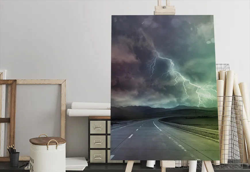پوستر سه بعدی طرح رعد و برق طوفانی در جاده