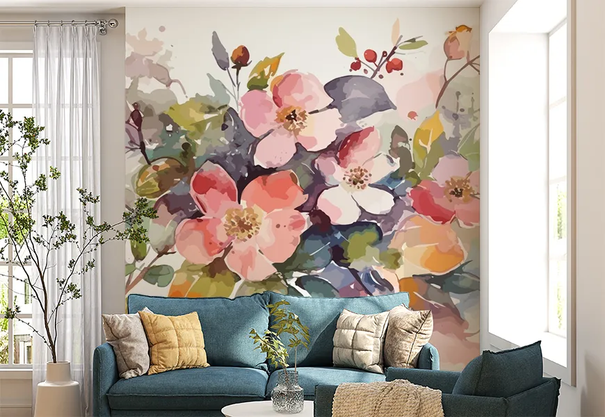 کاغذ دیواری نقاشی آبرنگ طرح گلهای شقایق