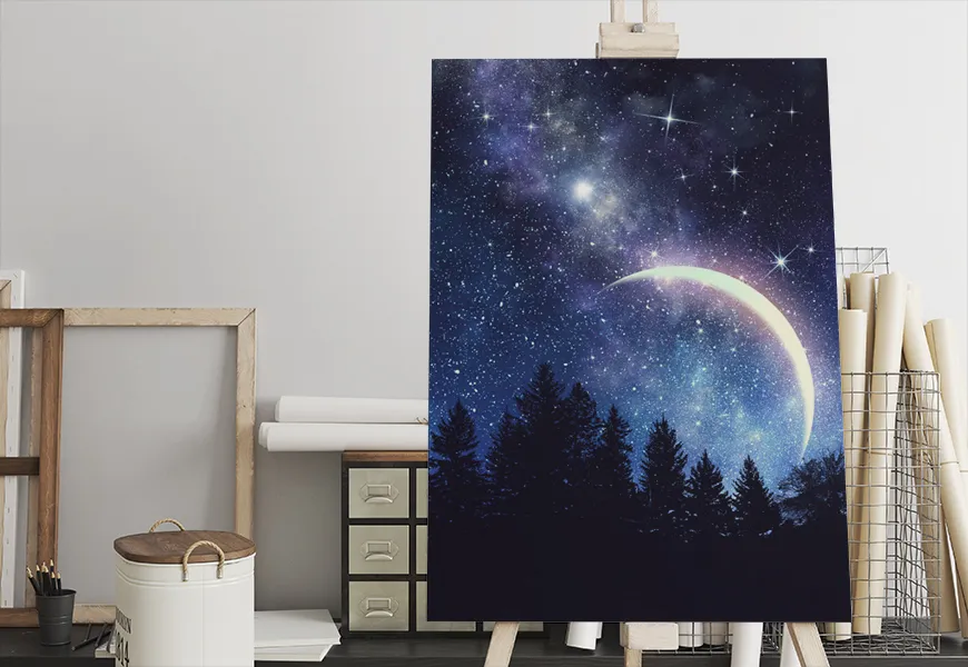 کاغذ دیواری کهکشان طرح آسمان جنگل در شب