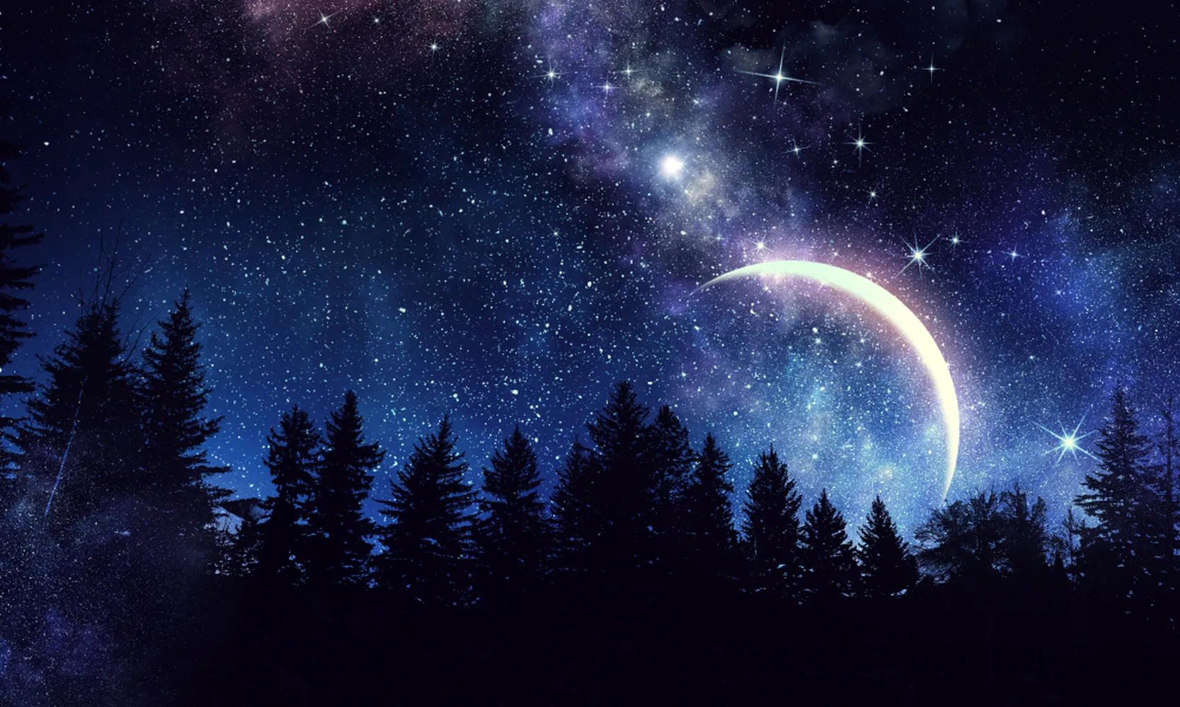 کاغذ دیواری کهکشان طرح آسمان جنگل در شب