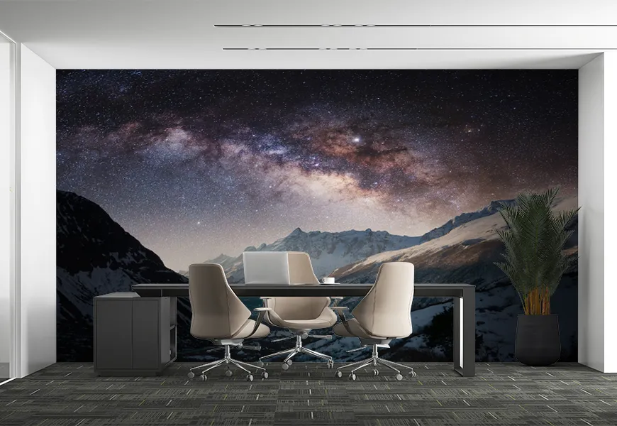 پوستر طرح آسمان پر ستاره راه شیری کوه های پانوراما