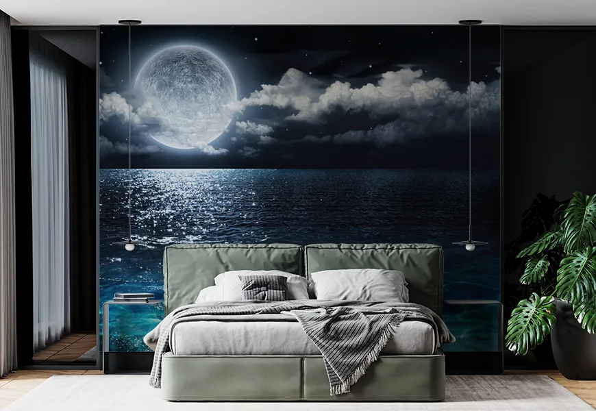 پوستر اتاق خواب طرح منظره عاشقانه ماه کامل در پانوراما