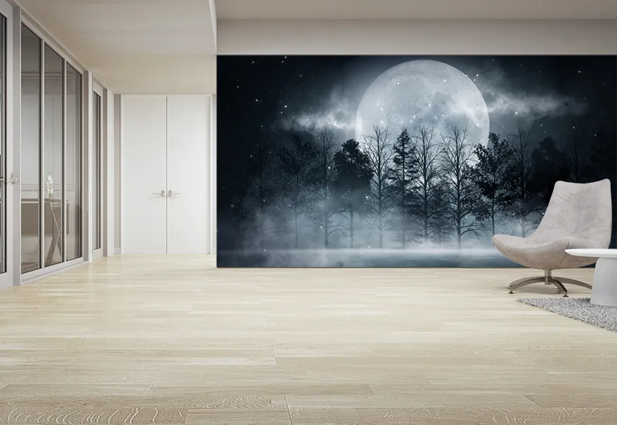 پوستر سه بعدی راهرو طرح جنگل تاریک با درختان بزرگ