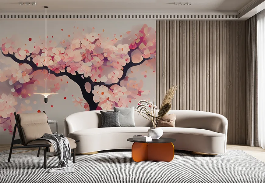 کاغذ دیواری سه بعدی پذیرایی شکوفه های گیلاس