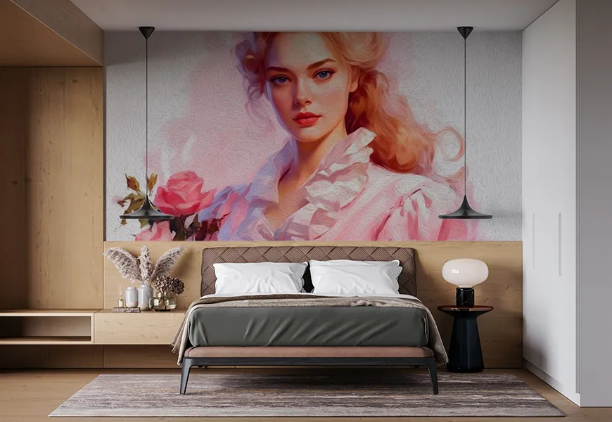 کاغذ دیواری فشن اتاق خواب طرح چهره زن گل در دست
