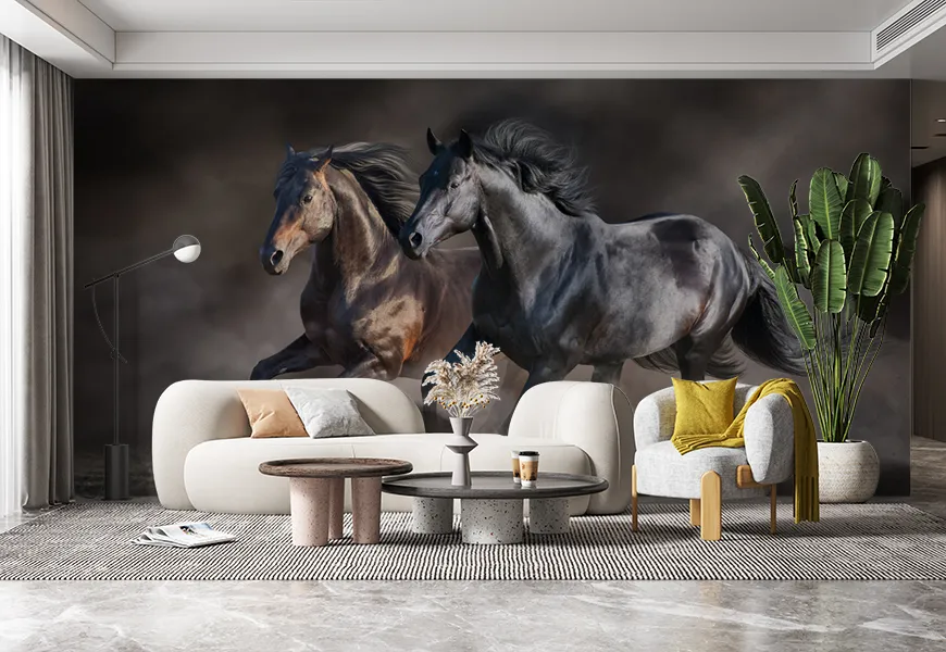 کاغذ دیواری سه بعدی تیره طرح دو اسب