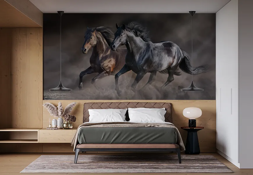 کاغذ دیواری سه بعدی تیره طرح دو اسب
