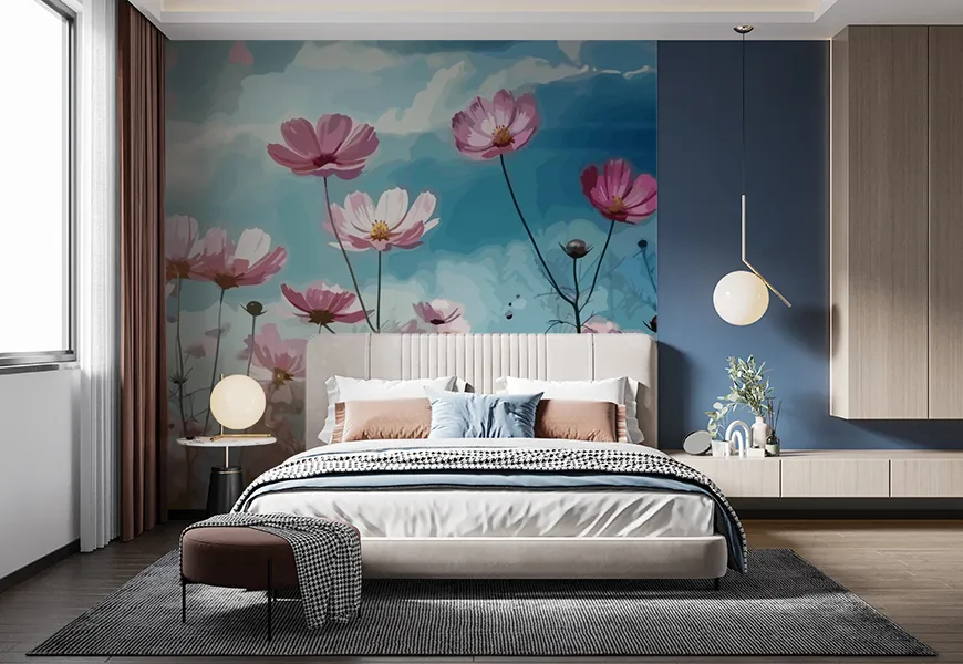 کاغذ دیواری سه بعدی نقاشی آبرنک اتاق خواب طرح گلهای شقایق