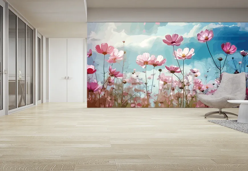 کاغذ دیواری سه بعدی نقاشی آبرنک طرح گلهای شقایق