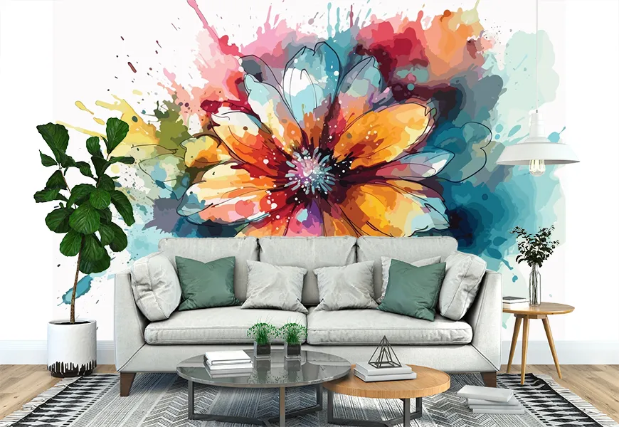 کاغذ دیواری سه بعدی نقاشی آبرنک پذیرایی طرح تک گل رنگی