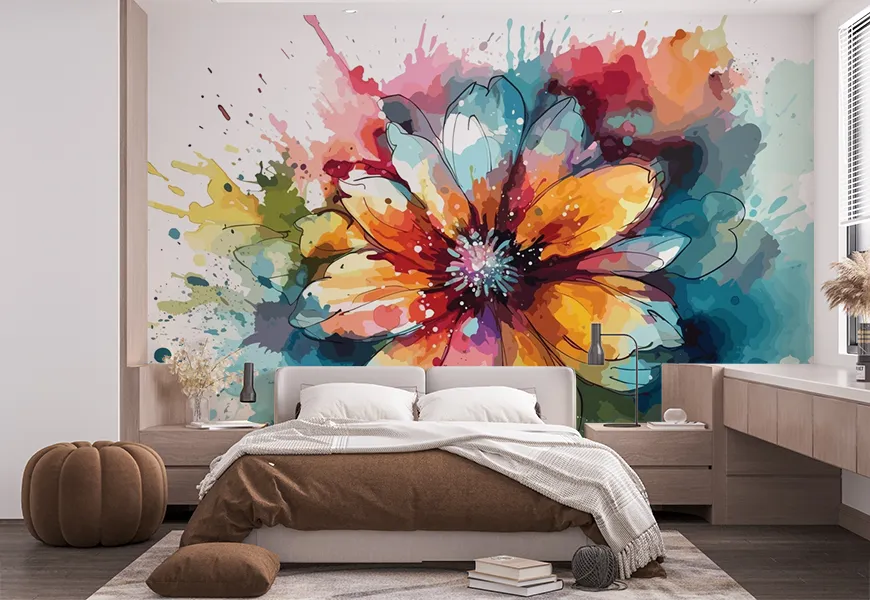 کاغذ دیواری سه بعدی نقاشی آبرنک طرح تک گل رنگی