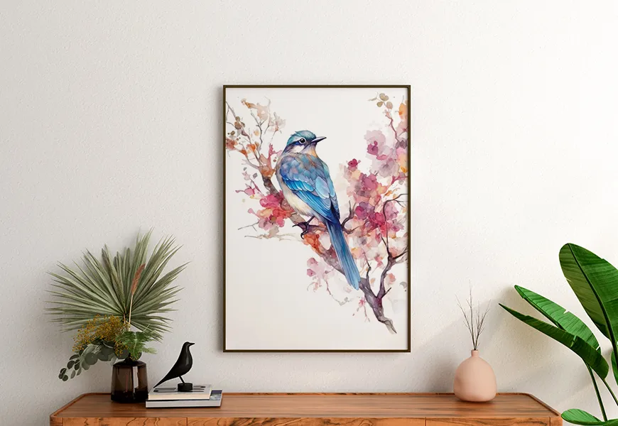 پوستر حیوانات طرح پرندگان روی شاخه های گل