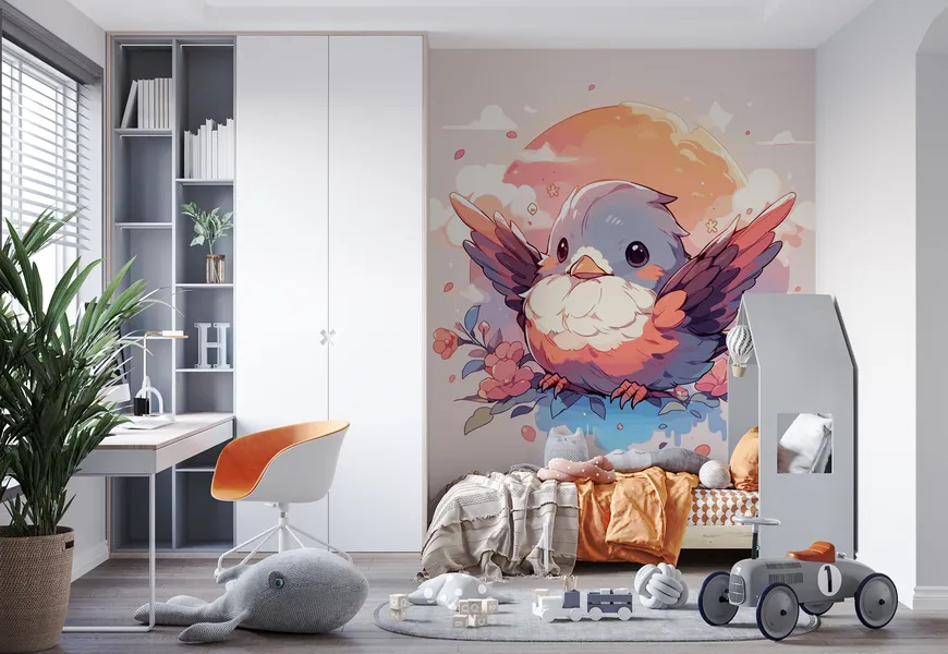 کاغذ دیواری حیوانات اتاق کودک و نوزاد طرح کارتونی پرنده زیبا