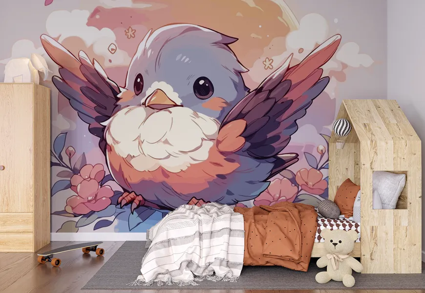کاغذ دیواری حیوانات اتاق کودک و نوزاد طرح کارتونی پرنده زیبا