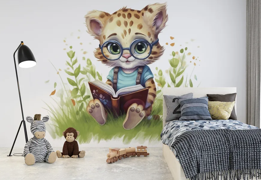 پوستر دیواری حیوانات اتاق خواب کودک و نوزاد طرح پلنگ کتابخوان
