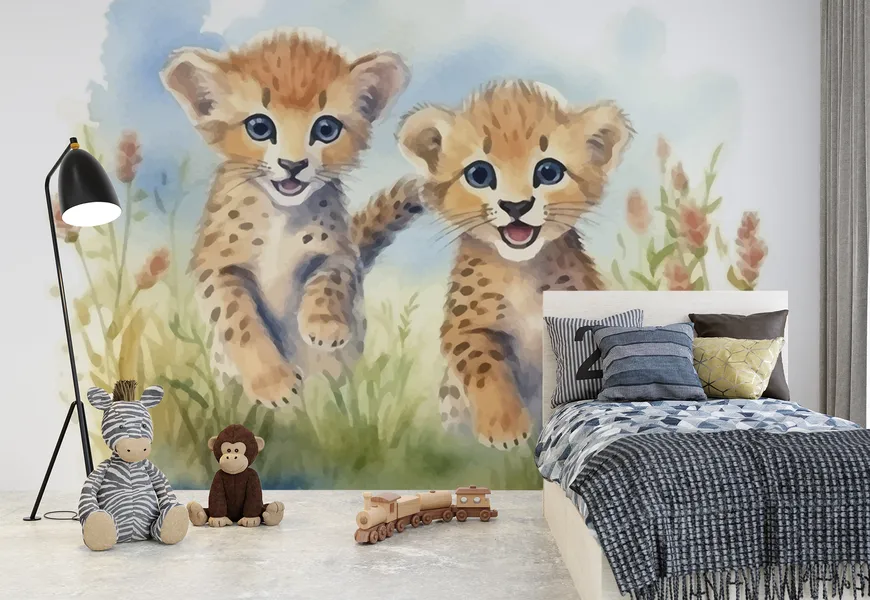 پوستر حیوانات اتاق خواب کودک و نوزاد طرح کارتون دو بچه پلنگ زیبا