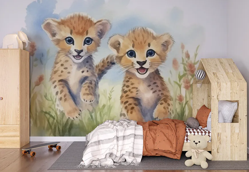 پوستر حیوانات اتاق خواب کودک و نوزاد طرح کارتون دو بچه پلنگ زیبا