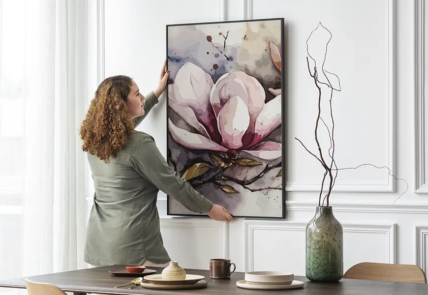 پوستر نقاشی آبرنگ طرح شاخه گل ماگنولیا صورتی