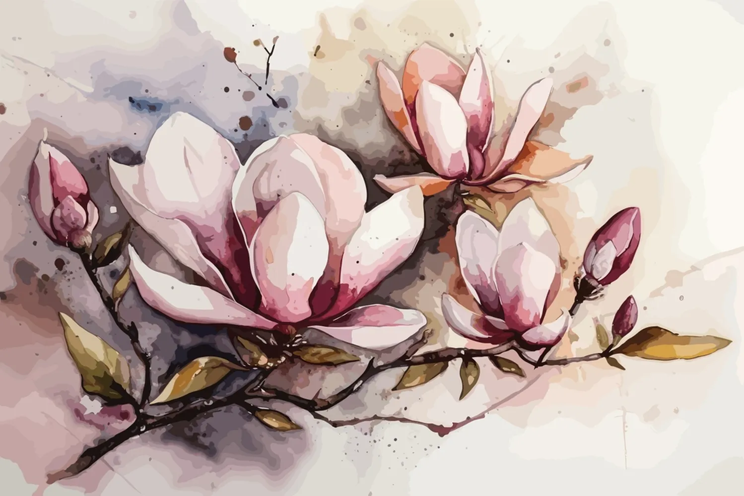 پوستر نقاشی آبرنگ طرح شاخه گل ماگنولیا صورتی