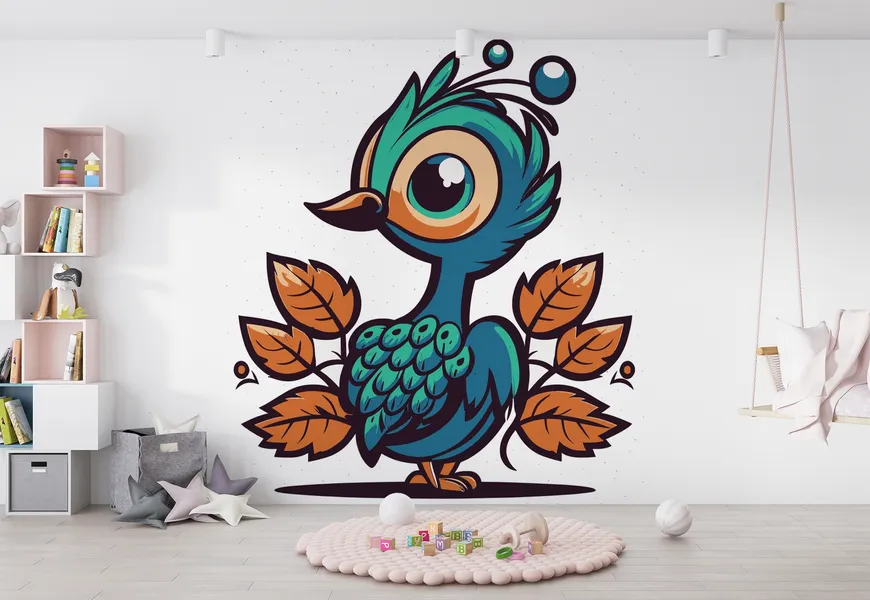 کاغذ دیواری حیوانات اتاق کودک و نوزاد طرح کارتونی طاووس