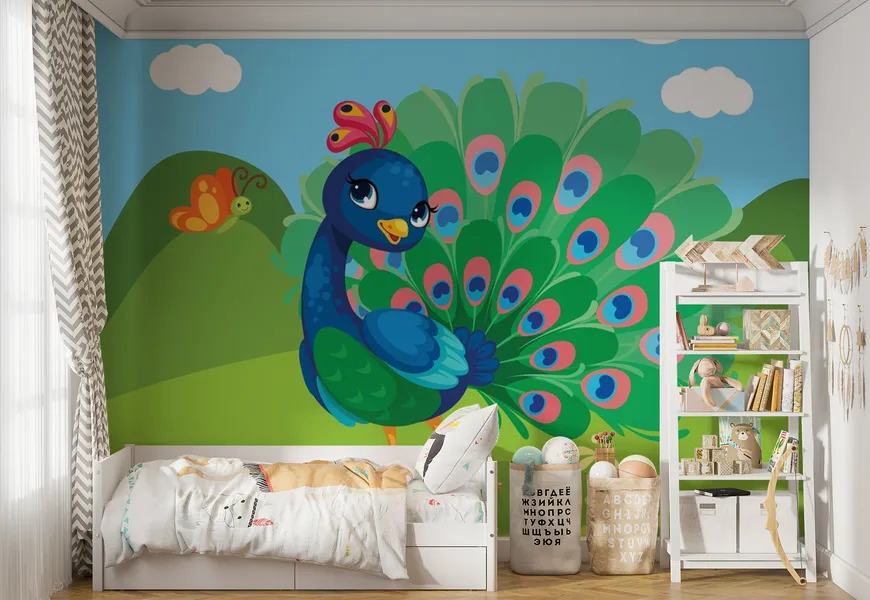 کاغذ دیواری حیوانات اتاق کودک و نوزاد طرح کارتون طاووس زیبا