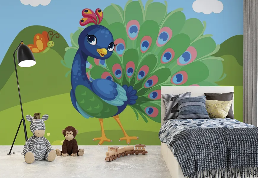 کاغذ دیواری حیوانات اتاق کودک و نوزاد طرح کارتون طاووس زیبا