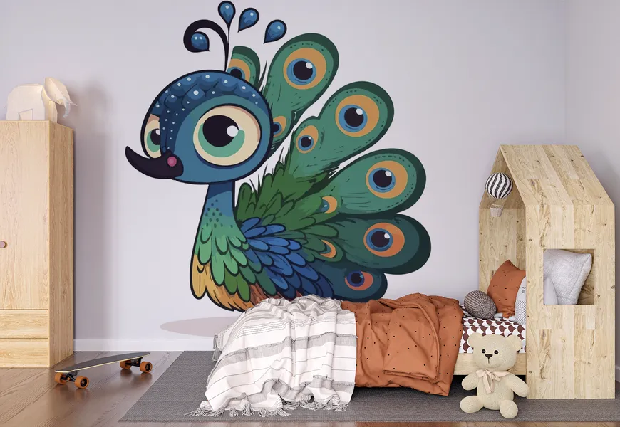 کاغذ دیواری حیوانات اتاق کودک و نوزاد طرح کارتونی طاووس کیوت