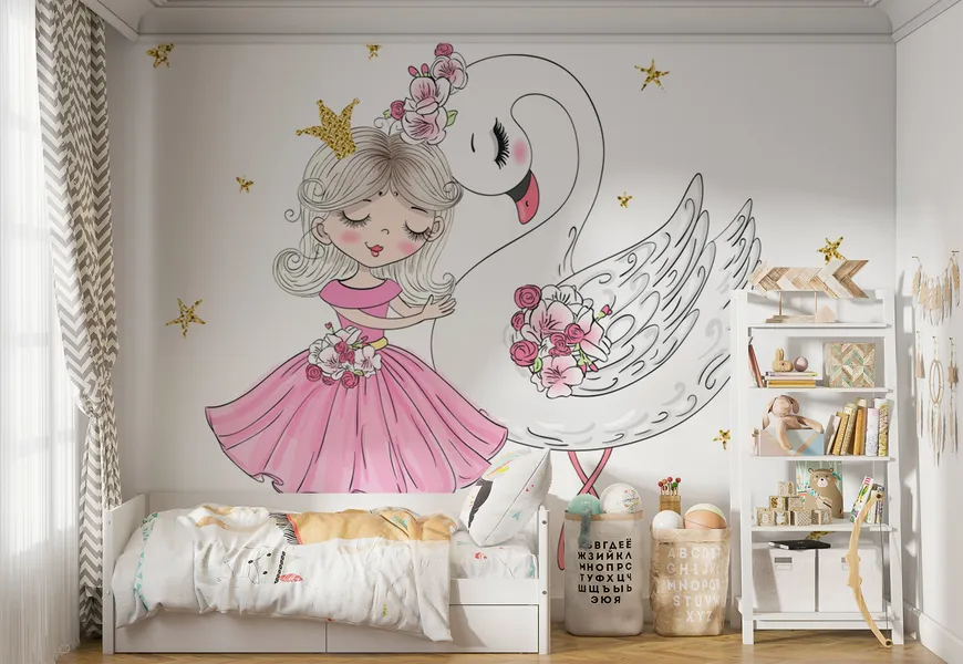 کاغذ دیواری اتاق کودک و نوزاد طرح قو و دختر بالرین