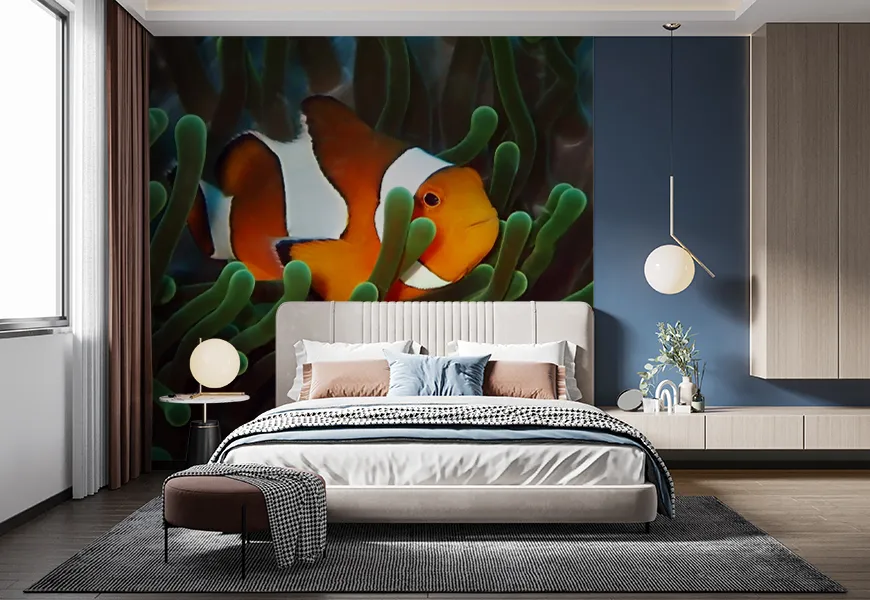 پوستر اتاق خواب طرح دلقک ماهی زیبا در میان شقایق دریایی