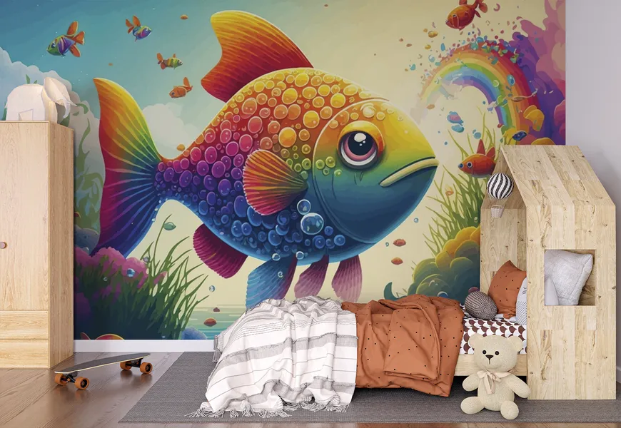 پوستر اتاق کودک و نوزاد طرح کارتونی ماهی رنگارنگ